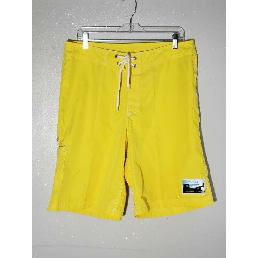 Vintage Red Ink Mens Board Shorts Swim Yellow Logo Side Pocket Surf 34